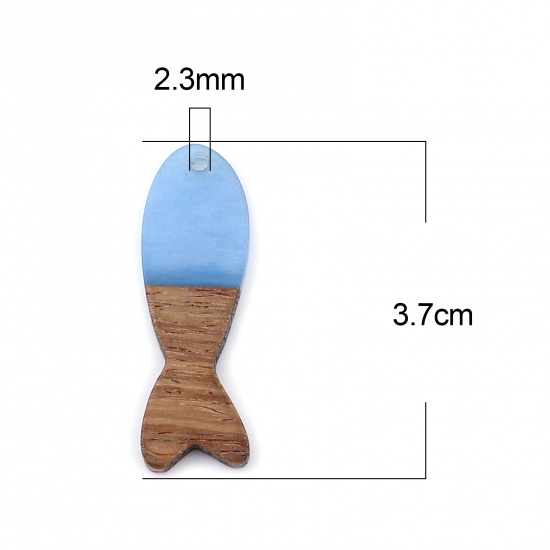 レジン+ウッド 木目調樹脂 ペンダント 魚 青 3.7cm x 1.2cm、 3 個 の画像