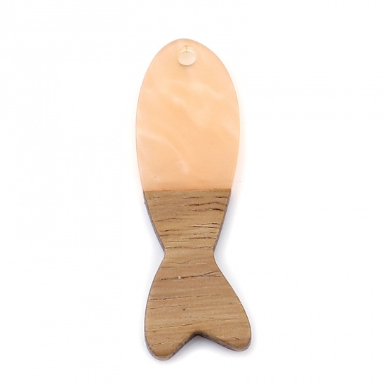 レジン+ウッド 木目調樹脂 ペンダント 魚 オレンジピンク 3.7cm x 1.2cm、 3 個 の画像