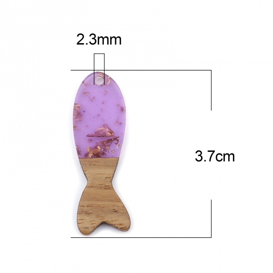 レジン+ウッド 木目調樹脂 ペンダント 魚 紫 箔 3.7cm x 1.2cm、 3 個 の画像