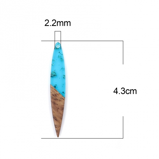 レジン+ウッド 木目調樹脂 ペンダント ストライプ ピーコックブルー 箔 4.3cm x 0.7cm、 3 個 の画像