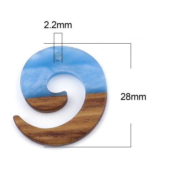 レジン+ウッド 木目調樹脂 チャーム スワール 青 28mm x 24mm、 3 個 の画像