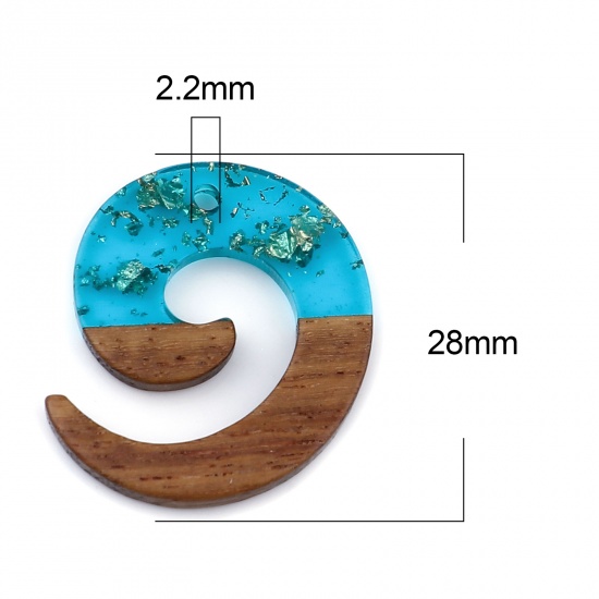 レジン+ウッド 木目調樹脂 チャーム スワール ピーコックブルー 箔 28mm x 24mm、 3 個 の画像
