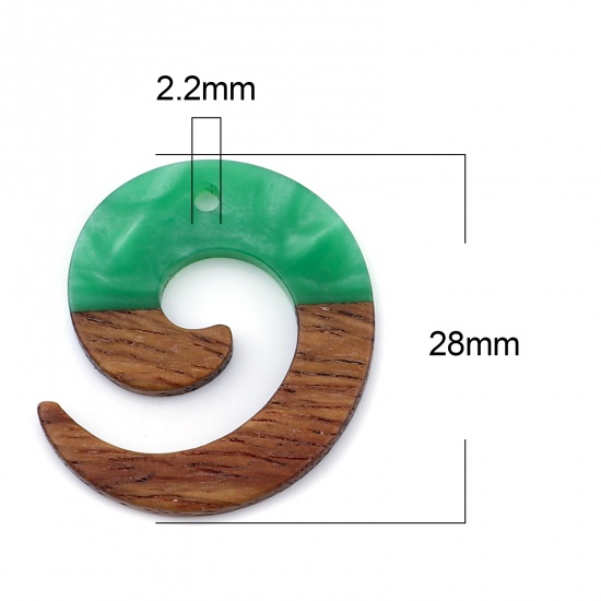 レジン+ウッド 木目調樹脂 チャーム スワール 緑 28mm x 24mm、 3 個 の画像