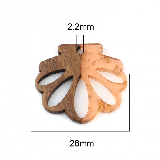 レジン+ウッド 木目調樹脂 チャーム シェル オレンジ色 箔 28mm x 25mm、 3 個 の画像