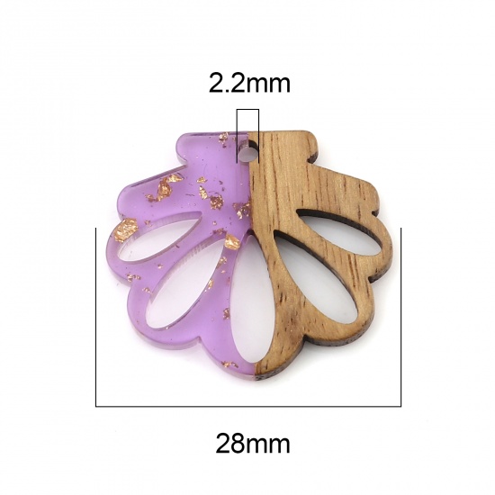 レジン+ウッド 木目調樹脂 チャーム シェル 紫 箔 28mm x 25mm、 3 個 の画像
