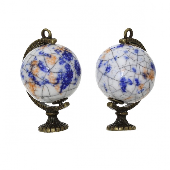 Picture of Zinc Based Alloy & Ceramics 3D Pendants Globe Antique Bronze Multicolor 37mm(1 4/8") x 25mm(1"), 2 PCs