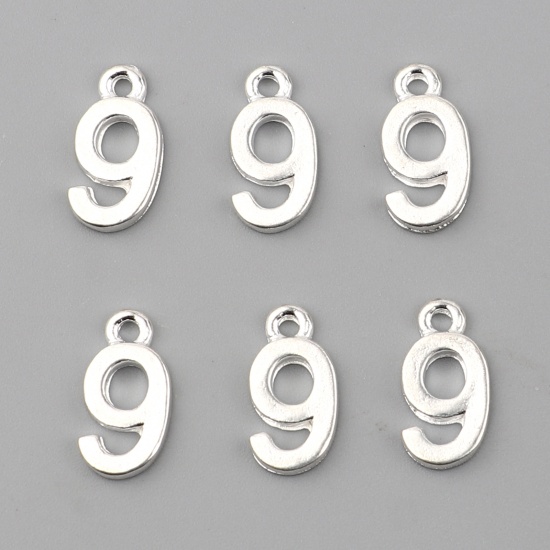 Picture of Zinc Based Alloy Charms Number Silver Plated Message " 9 " 12mm x 6mm, 30 PCs