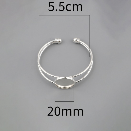 Picture of Brass Cabochon Settings Open Cuff Bangles Bracelets Round Silver Plated Cabochon Settings (Fit 20mm Dia.) 17cm(6 6/8") long, 2 PCs                                                                                                                            