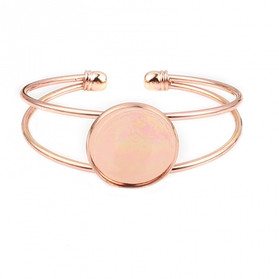Picture of Brass Cabochon Settings Open Cuff Bangles Bracelets Round Rose Gold Cabochon Settings (Fit 20mm Dia.) 17cm(6 6/8") long, 2 PCs                                                                                                                                