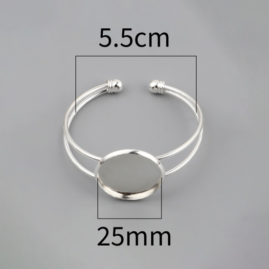Picture of Brass Cabochon Settings Open Cuff Bangles Bracelets Round Silver Plated Cabochon Settings (Fit 25mm Dia.) 17cm(6 6/8") long, 2 PCs                                                                                                                            