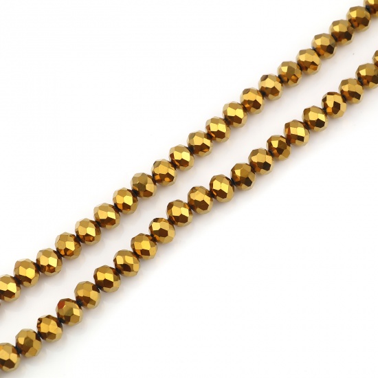 Picture of Glass Beads Round Golden Plating Faceted About 6mm Dia, Hole: Approx 1.3mm, 45cm(17 6/8") - 44cm(17 3/8") long, 2 Strands (Approx 92 PCs/Strand)