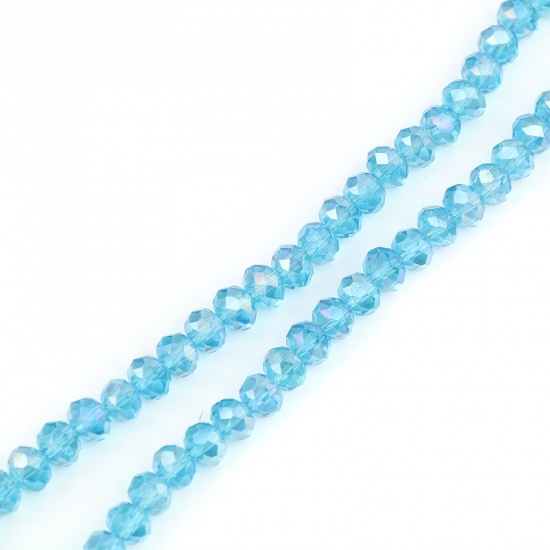 Picture of Glass Beads Round Lake Blue AB Rainbow Color Plating Faceted About 4mm Dia, Hole: Approx 0.9mm, 49.5cm(19 4/8") - 48.5cm(19 1/8") long, 2 Strands (Approx 140 PCs/Strand)