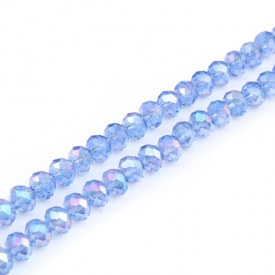 Picture of Glass Beads Round Light Blue AB Rainbow Color Plating Faceted About 4mm Dia, Hole: Approx 0.9mm, 49.5cm(19 4/8") - 48.5cm(19 1/8") long, 2 Strands (Approx 140 PCs/Strand)