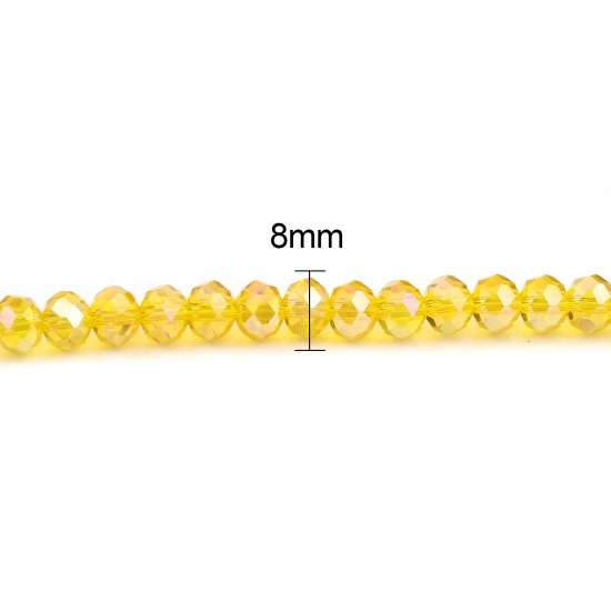 Picture of Glass Beads Round Golden Yellow AB Rainbow Color Plating Faceted About 8mm Dia, Hole: Approx 1.4mm, 43.5cm(17 1/8") - 42.5cm(16 6/8") long, 2 Strands (Approx 68 PCs/Strand)
