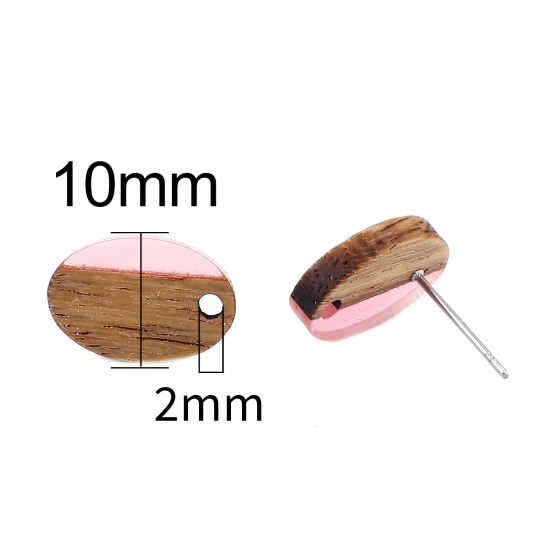 Immagine di Legno & Resina Resina Effetto Legno Orecchini a Perno Tappi di Orecchini Ovale Rosa Caldo W/ Loop 15mm x 10mm, Diametro Filo: (21 misura), 6 Pz
