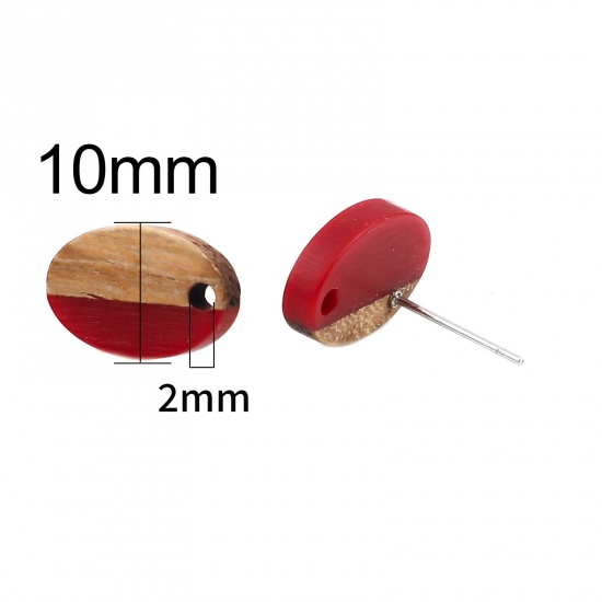 Immagine di Legno & Resina Resina Effetto Legno Orecchini a Perno Tappi di Orecchini Ovale Rosso Scuro W/ Loop 15mm x 10mm, Diametro Filo: (21 misura), 6 Pz