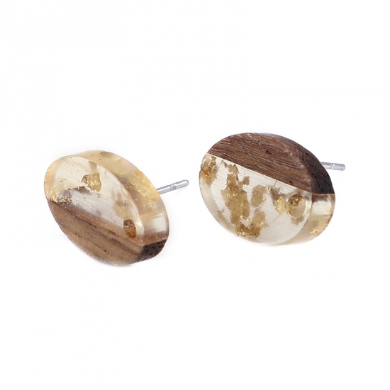 Picture of Resin & Wood Wood Effect Resin Ear Post Stud Earrings Findings Oval Transparent Clear W/ Loop 15mm x 10mm, Post/ Wire Size: (21 gauge), 6 PCs