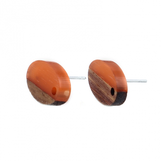 レジン+ウッド 木目調樹脂 イヤリング イヤリングパーツ 楕円形 オレンジ色 ループ付き 15mm x 10mm、 ワイヤーサイズ: （21号）、 6 個 の画像