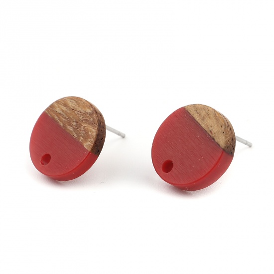 Picture of Resin & Wood Wood Effect Resin Ear Post Stud Earrings Findings Round Dark Red W/ Loop 14mm Dia., Post/ Wire Size: (21 gauge), 6 PCs