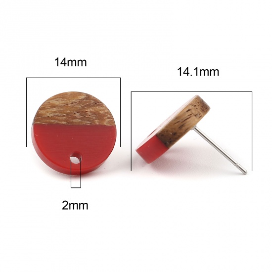 Picture of Resin & Wood Wood Effect Resin Ear Post Stud Earrings Findings Round Dark Red W/ Loop 14mm Dia., Post/ Wire Size: (21 gauge), 6 PCs