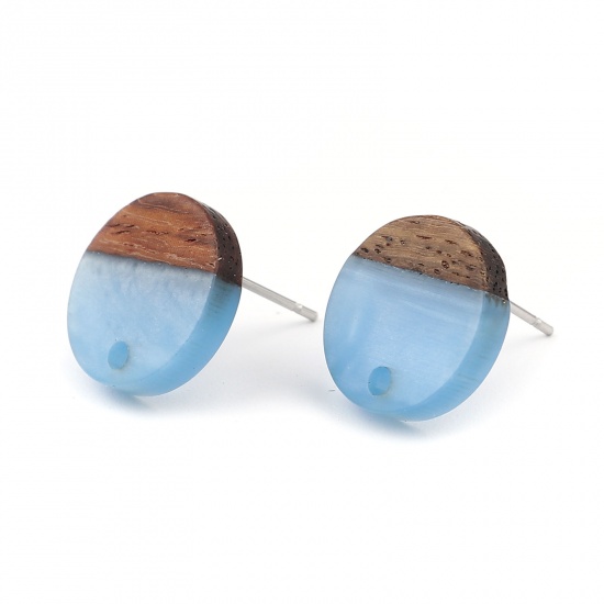 Picture of Resin & Wood Wood Effect Resin Ear Post Stud Earrings Findings Round Blue W/ Loop 14mm Dia., Post/ Wire Size: (21 gauge), 6 PCs