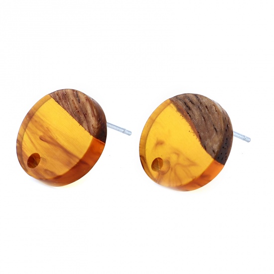 Picture of Resin & Wood Wood Effect Resin Ear Post Stud Earrings Findings Round Amber W/ Loop 14mm Dia., Post/ Wire Size: (21 gauge), 6 PCs