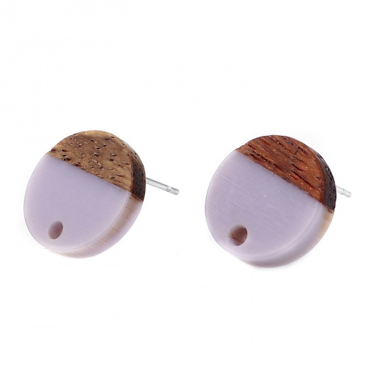 Picture of Resin & Wood Wood Effect Resin Ear Post Stud Earrings Findings Round Purple W/ Loop 14mm Dia., Post/ Wire Size: (21 gauge), 6 PCs