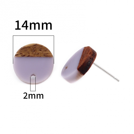 Picture of Resin & Wood Wood Effect Resin Ear Post Stud Earrings Findings Round Purple W/ Loop 14mm Dia., Post/ Wire Size: (21 gauge), 6 PCs