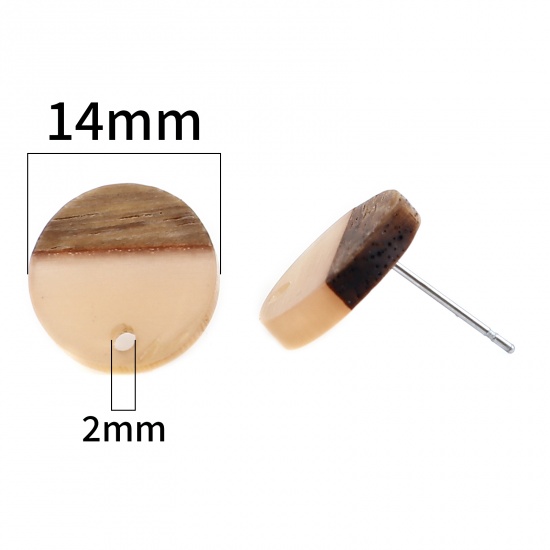 Picture of Resin & Wood Wood Effect Resin Ear Post Stud Earrings Findings Round Light Orange W/ Loop 14mm Dia., Post/ Wire Size: (21 gauge), 6 PCs