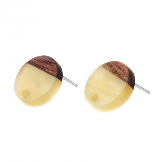 Picture of Resin & Wood Wood Effect Resin Ear Post Stud Earrings Findings Round Dark Yellow W/ Loop 14mm Dia., Post/ Wire Size: (21 gauge), 6 PCs