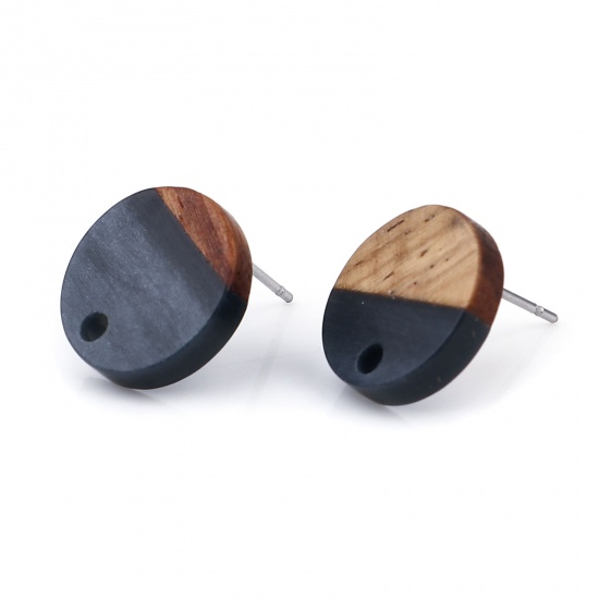 Picture of Resin & Wood Wood Effect Resin Ear Post Stud Earrings Findings Round Gray Black W/ Loop 14mm Dia., Post/ Wire Size: (21 gauge), 6 PCs