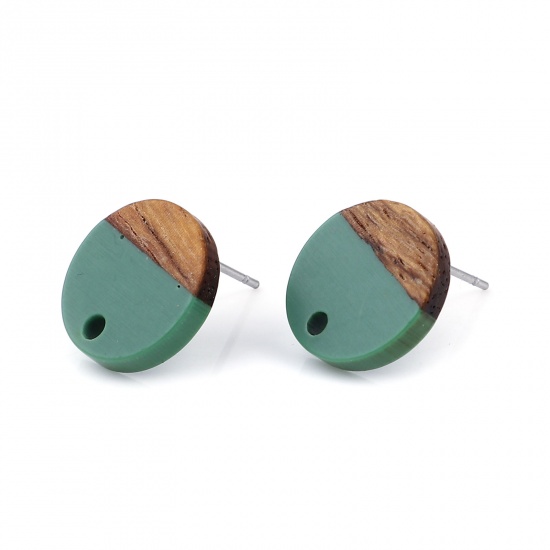 Picture of Resin & Wood Wood Effect Resin Ear Post Stud Earrings Findings Round Green W/ Loop 14mm Dia., Post/ Wire Size: (21 gauge), 6 PCs