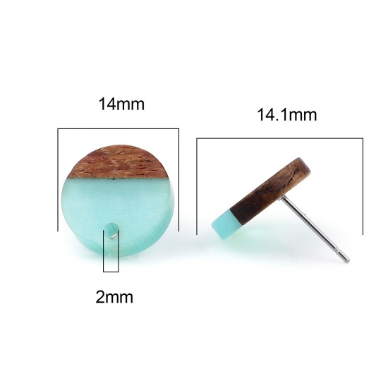 Picture of Resin & Wood Wood Effect Resin Ear Post Stud Earrings Findings Round Cyan W/ Loop 14mm Dia., Post/ Wire Size: (21 gauge), 6 PCs