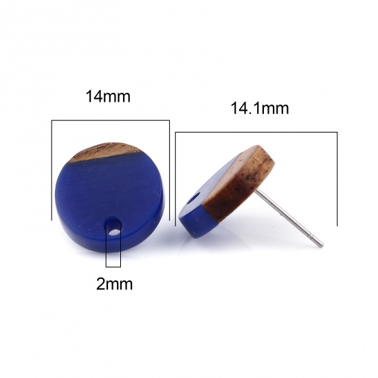Picture of Resin & Wood Wood Effect Resin Ear Post Stud Earrings Findings Round Lake Blue W/ Loop 14mm Dia., Post/ Wire Size: (21 gauge), 6 PCs