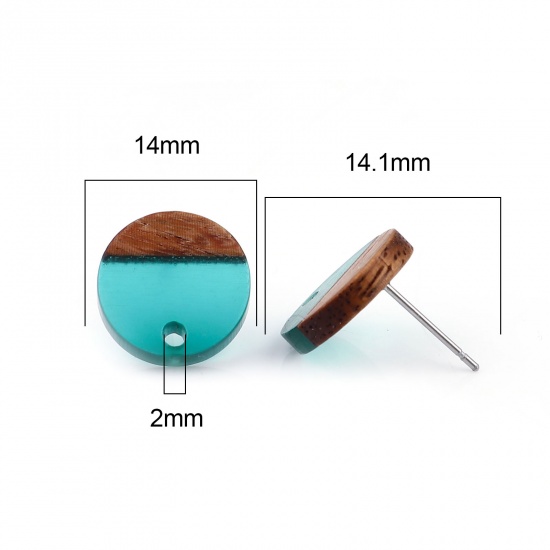 Picture of Resin & Wood Wood Effect Resin Ear Post Stud Earrings Findings Round Dark Green W/ Loop 14mm Dia., Post/ Wire Size: (21 gauge), 6 PCs