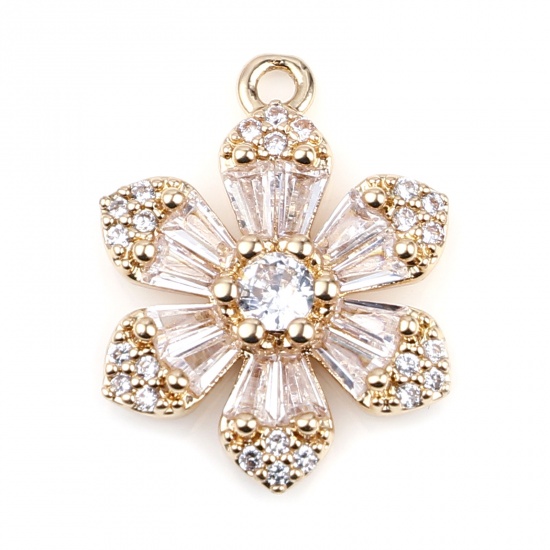 Picture of Brass & Glass Micro Pave Charms Gold Plated White Flower Clear Rhinestone 18mm x 13mm, 2 PCs                                                                                                                                                                  