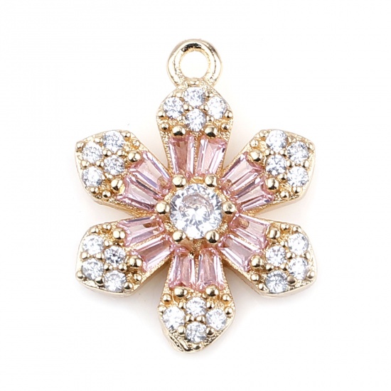 Picture of Brass & Glass Micro Pave Charms Gold Plated Light Pink Flower Clear Rhinestone 18mm x 13mm, 2 PCs                                                                                                                                                             