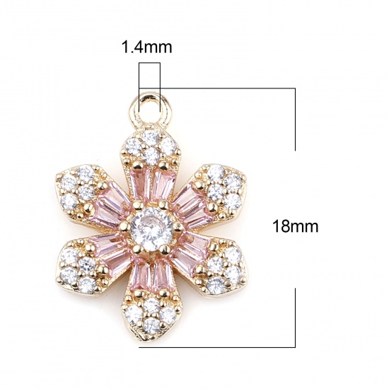 Picture of Brass & Glass Micro Pave Charms Gold Plated Light Pink Flower Clear Rhinestone 18mm x 13mm, 2 PCs                                                                                                                                                             