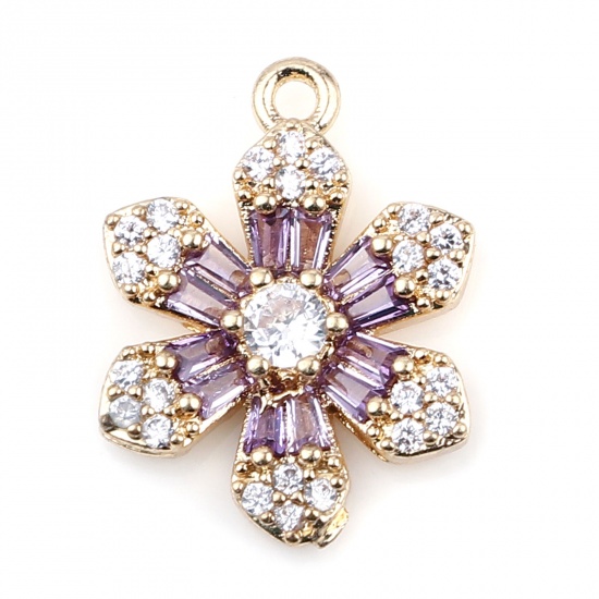 Picture of Brass & Glass Micro Pave Charms Gold Plated Purple Flower Clear Rhinestone 18mm x 13mm, 2 PCs                                                                                                                                                                 