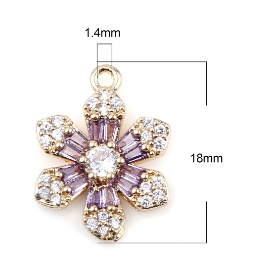 Picture of Brass & Glass Micro Pave Charms Gold Plated Purple Flower Clear Rhinestone 18mm x 13mm, 2 PCs                                                                                                                                                                 