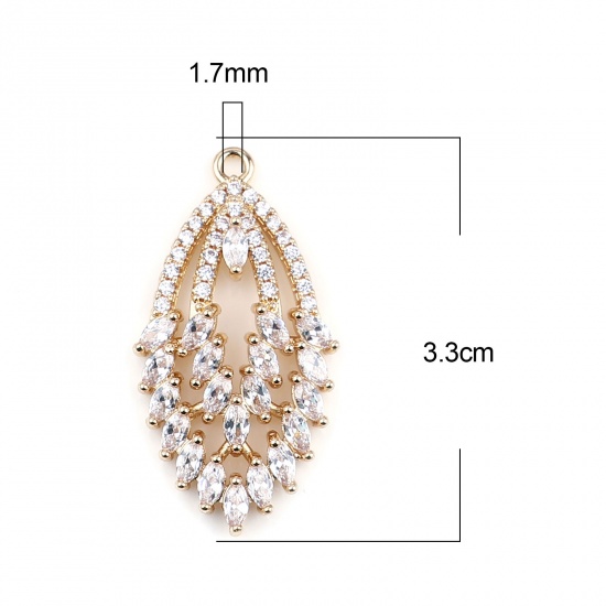 Immagine di Ottone + Vetro Ciondoli Oro Placcato Bianco Olive Trasparente Strass 3.3cm x 1.7cm, 2 Pz                                                                                                                                                                      