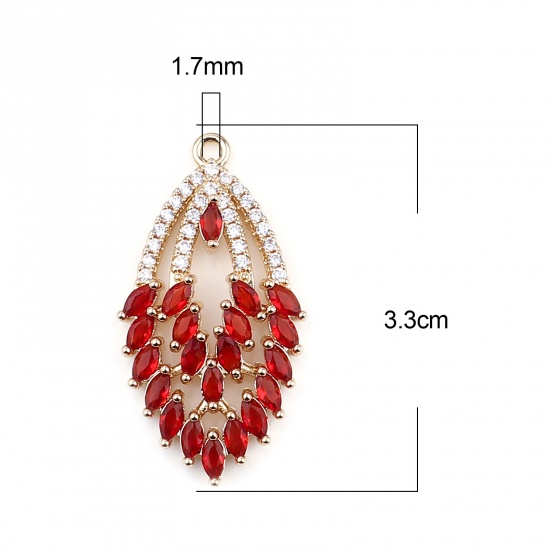 Immagine di Ottone + Vetro Ciondoli Oro Placcato Rosso Olive Trasparente Strass 3.3cm x 1.7cm, 2 Pz                                                                                                                                                                       