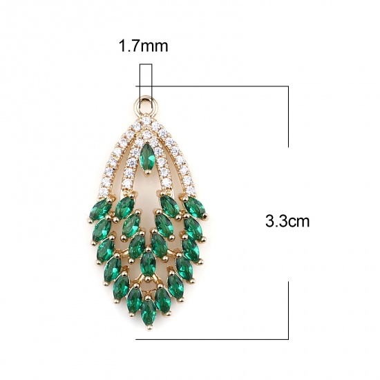 Immagine di Ottone + Vetro Ciondoli Oro Placcato Verde Olive Trasparente Strass 3.3cm x 1.7cm, 2 Pz                                                                                                                                                                       