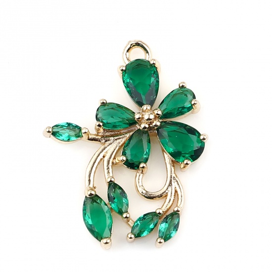 Picture of Brass & Glass Charms Gold Plated Green Flower 23mm x 18mm, 2 PCs                                                                                                                                                                                              
