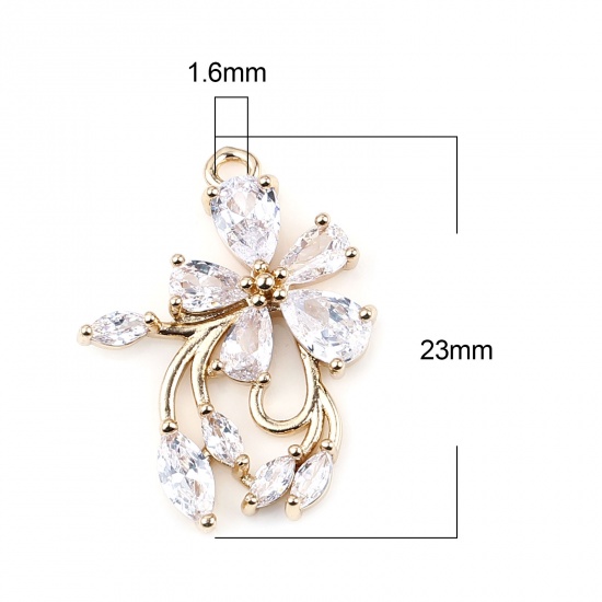 Picture of Brass & Glass Charms Gold Plated Transparent Clear Flower 23mm x 18mm, 2 PCs                                                                                                                                                                                  