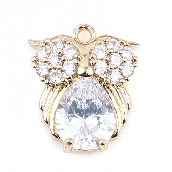 Image de Breloques en Laiton+Verre Hibou Doré Blanc à Strass Transparent 18mm x 15mm, 2 Pcs