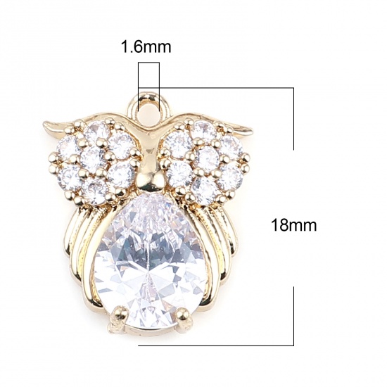 Image de Breloques en Laiton+Verre Hibou Doré Blanc à Strass Transparent 18mm x 15mm, 2 Pcs