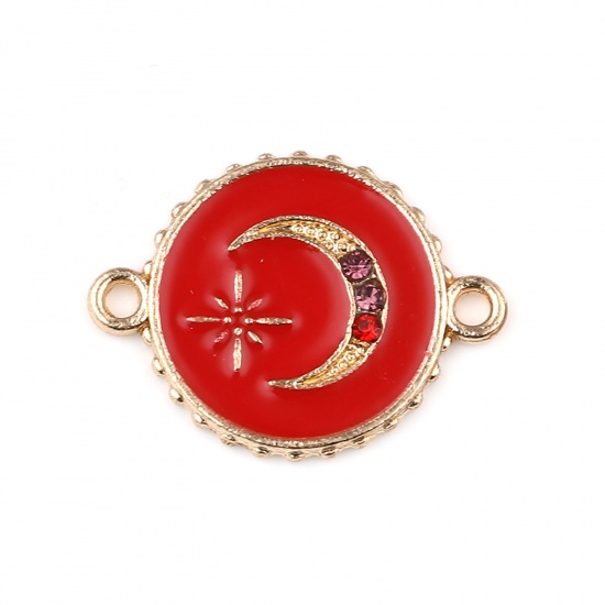 Picture of Zinc Based Alloy Galaxy Connectors Round Gold Plated Red Star Enamel Multicolor Rhinestone 22mm x 16mm, 10 PCs
