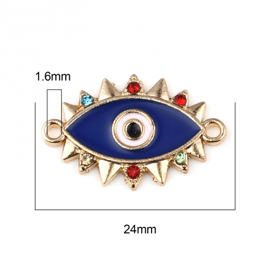 Picture of Zinc Based Alloy Religious Connectors Marquise Gold Plated Dark Blue Evil Eye Enamel Multicolor Rhinestone 24mm x 16mm, 10 PCs