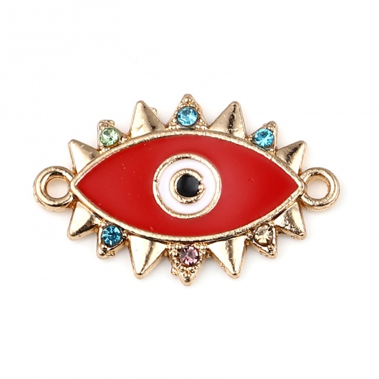 Picture of Zinc Based Alloy Religious Connectors Marquise Gold Plated Red Evil Eye Enamel Multicolor Rhinestone 24mm x 16mm, 10 PCs